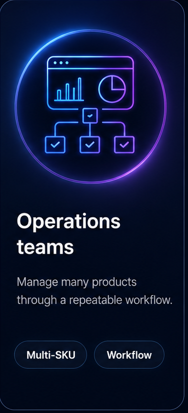 Operations teams: manage many products through a repeatable workflow.